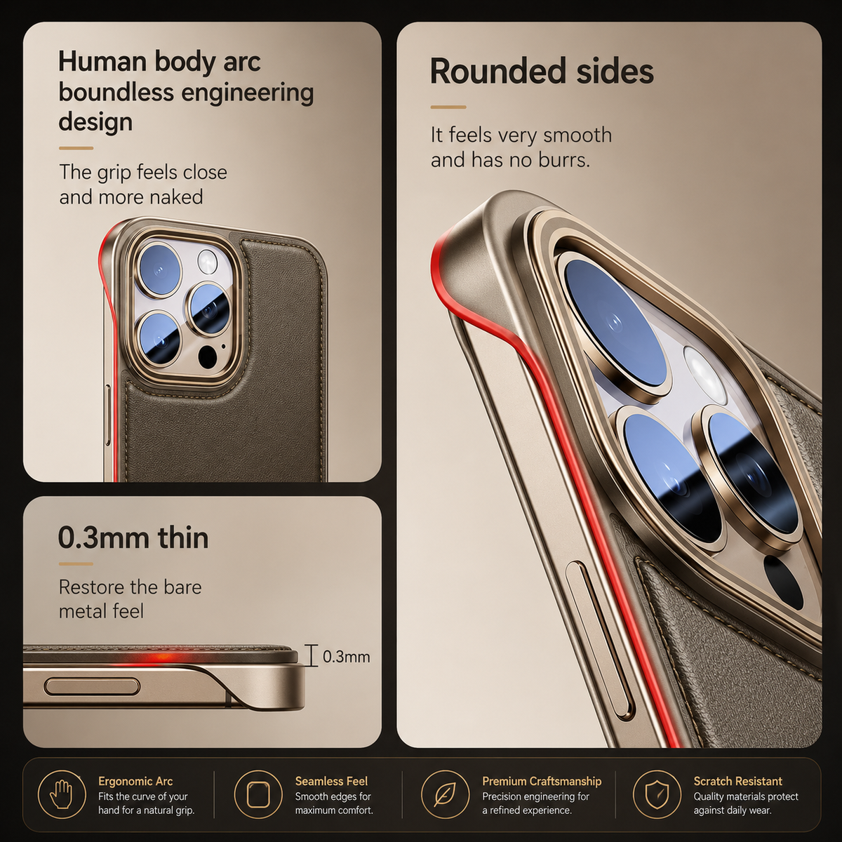 Premium iPhone Case Ultra Thin Borderless PU Leather Magnetic Shockproof Cover with Metal Lens Frame Non Slip Matte Protective Design