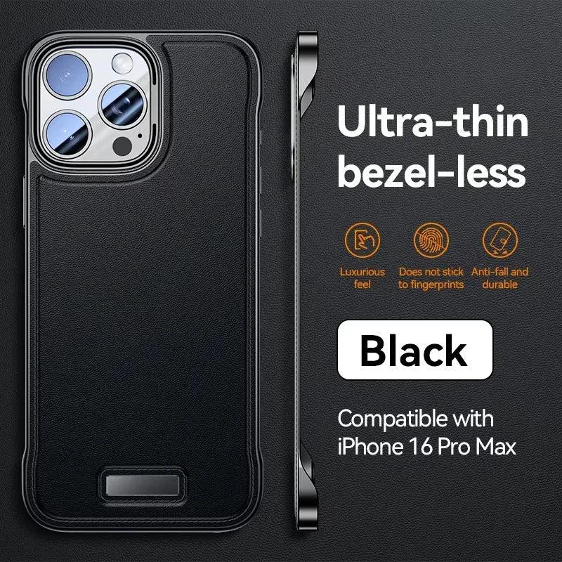 Premium iPhone Case Ultra Thin Borderless PU Leather Magnetic Shockproof Cover with Metal Lens Frame Non Slip Matte Protective Design