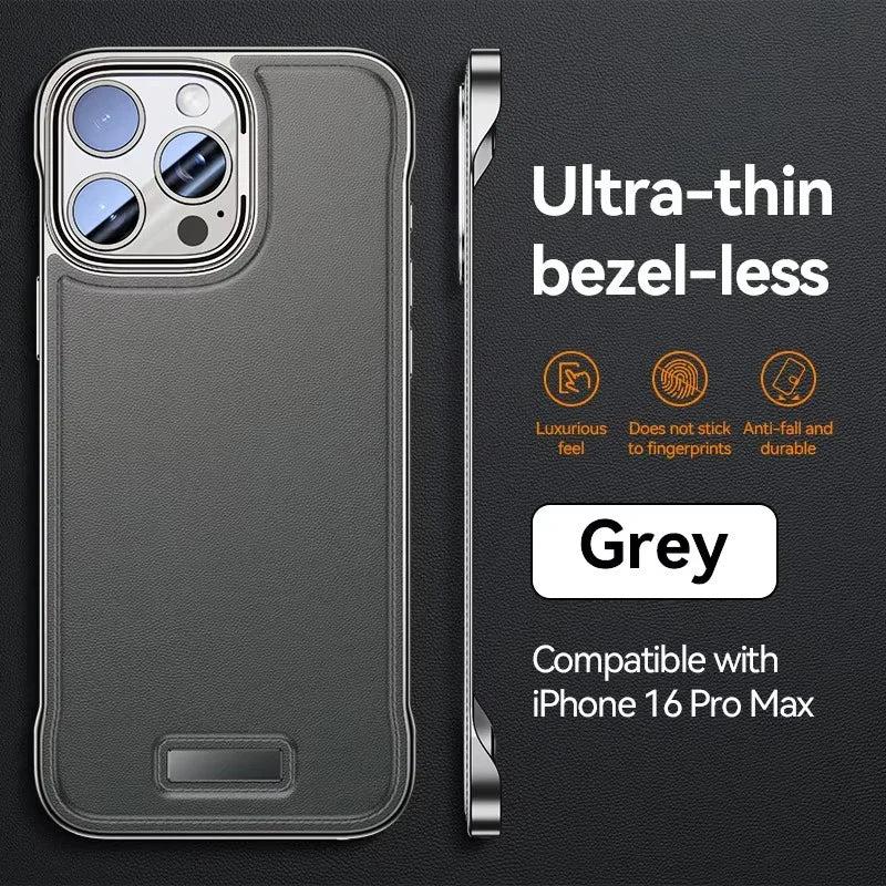 Premium iPhone Case Ultra Thin Borderless PU Leather Magnetic Shockproof Cover with Metal Lens Frame Non Slip Matte Protective Design
