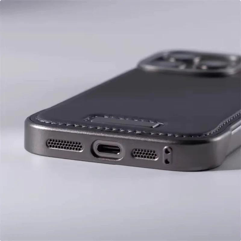 Premium iPhone Case Ultra Thin Borderless PU Leather Magnetic Shockproof Cover with Metal Lens Frame Non Slip Matte Protective Design