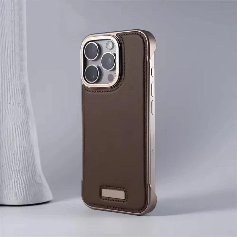 Premium iPhone Case Ultra Thin Borderless PU Leather Magnetic Shockproof Cover with Metal Lens Frame Non Slip Matte Protective Design