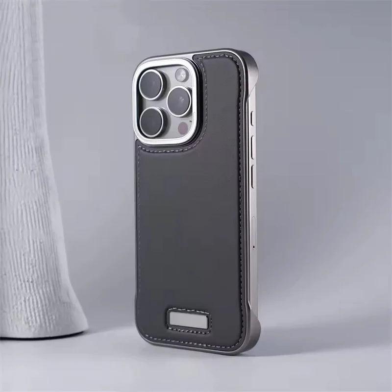 Premium iPhone Case Ultra Thin Borderless PU Leather Magnetic Shockproof Cover with Metal Lens Frame Non Slip Matte Protective Design