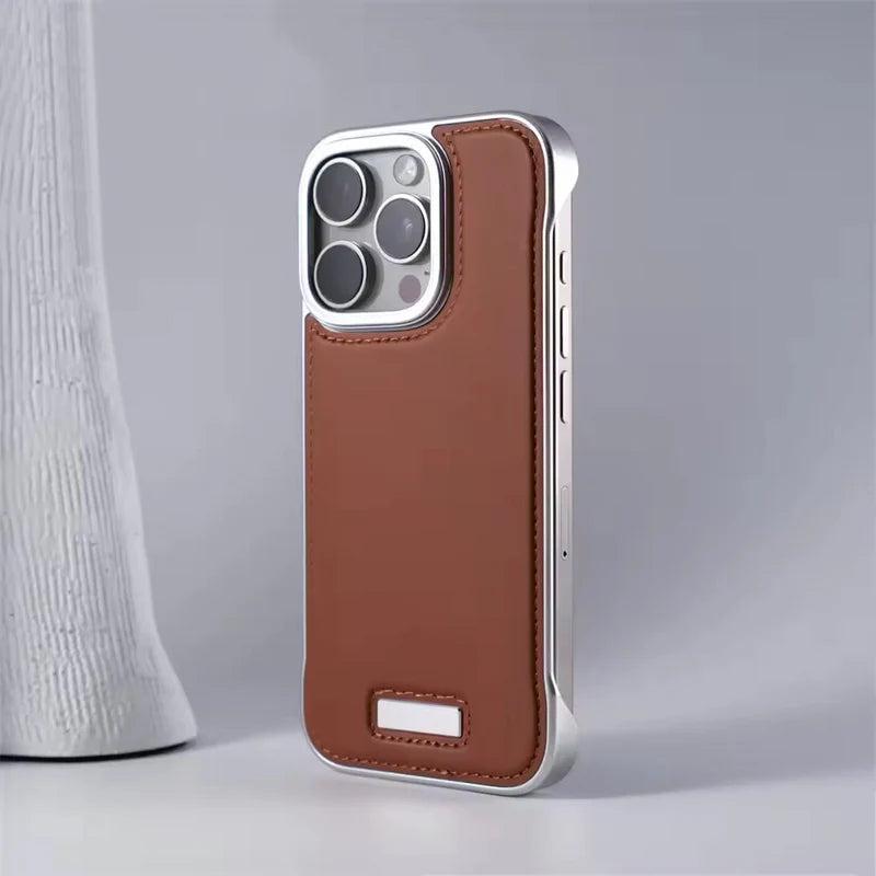 Premium iPhone Case Ultra Thin Borderless PU Leather Magnetic Shockproof Cover with Metal Lens Frame Non Slip Matte Protective Design