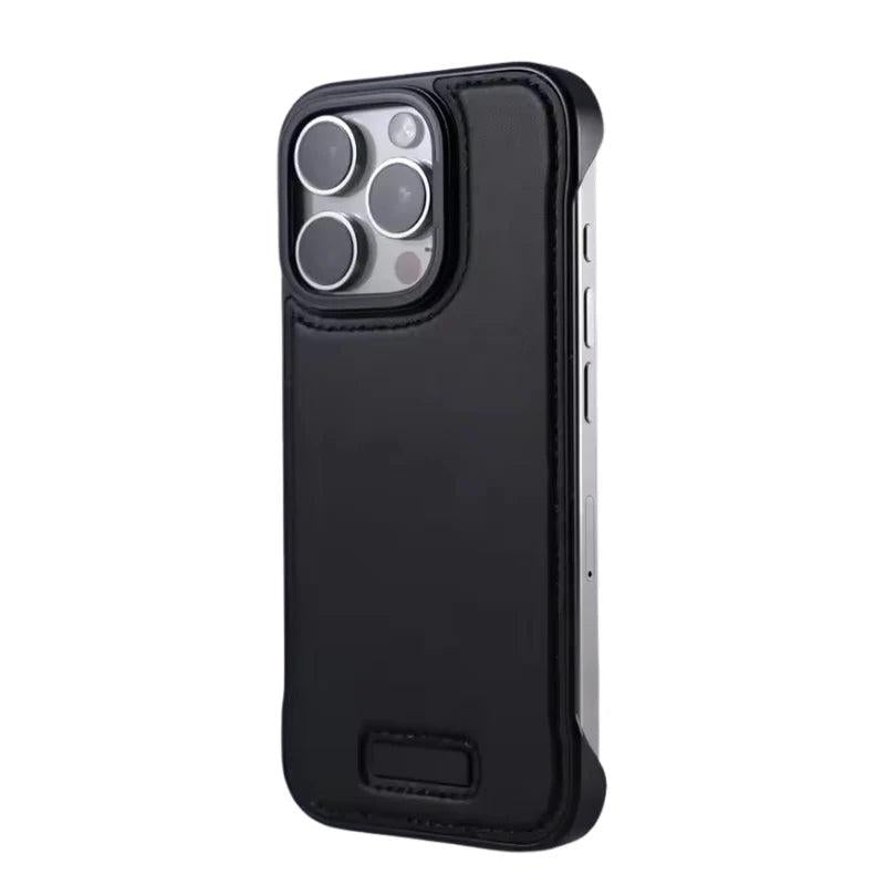 Premium iPhone Case Ultra Thin Borderless PU Leather Magnetic Shockproof Cover with Metal Lens Frame Non Slip Matte Protective Design
