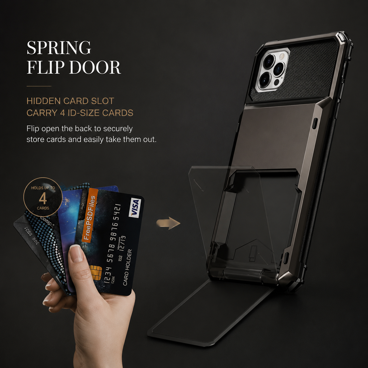 Premium iPhone Case Wallet Card Holder Hidden Flip Door 5 Card Slot Shockproof Protective Cover Scratch Resistant Dual Layer Full Coverage
