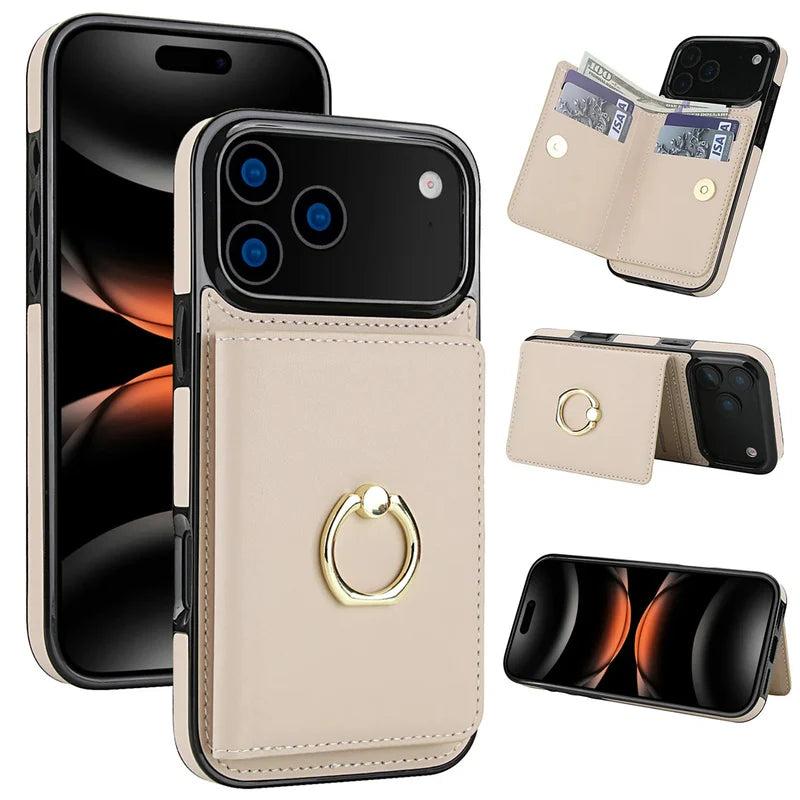 Premium iPhone Case Wallet Cover Card Holder 360 Rotating Ring Kickstand Magnetic Clasp Shockproof Full Coverage