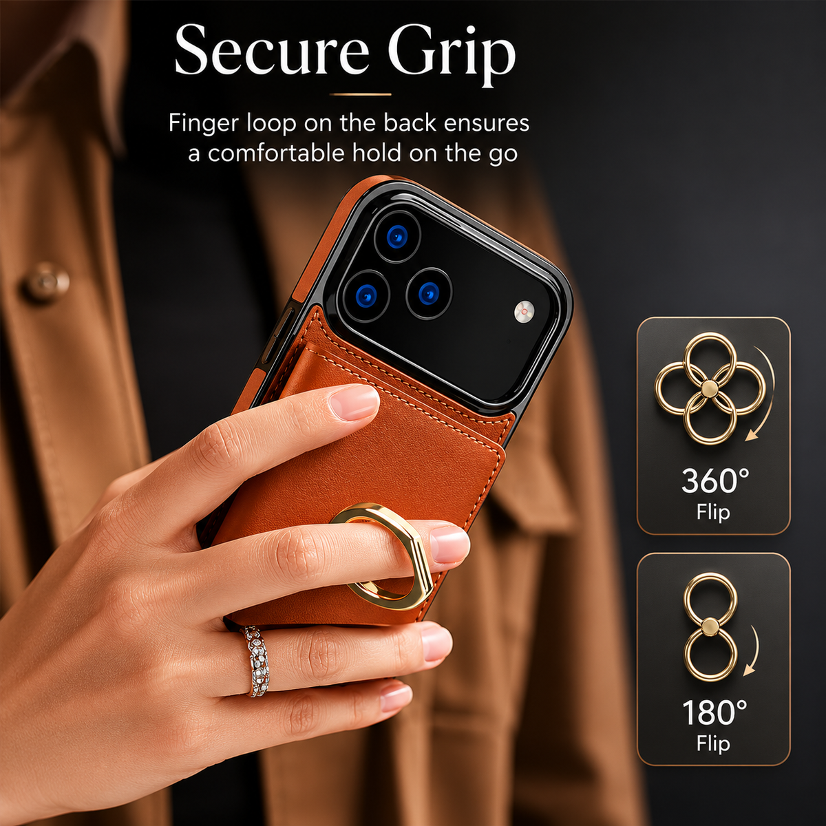 Premium iPhone Case Wallet Cover Card Holder 360 Rotating Ring Kickstand Magnetic Clasp Shockproof Full Coverage