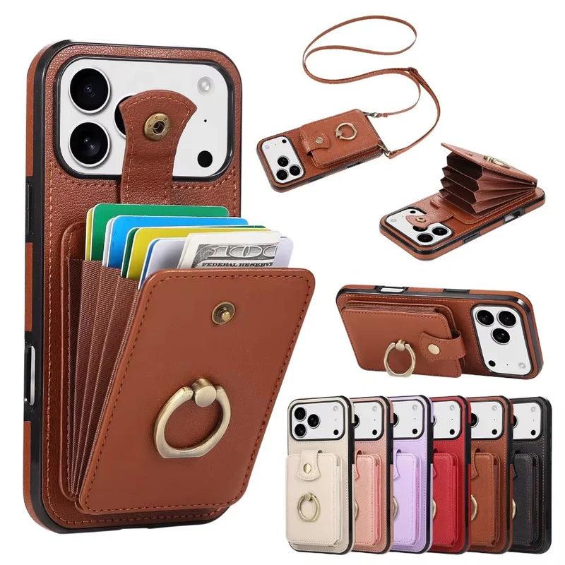 Premium iPhone Case Wallet Cover Card Holder 360 Rotating Ring Kickstand RFID Blocking PU Leather Full Protection