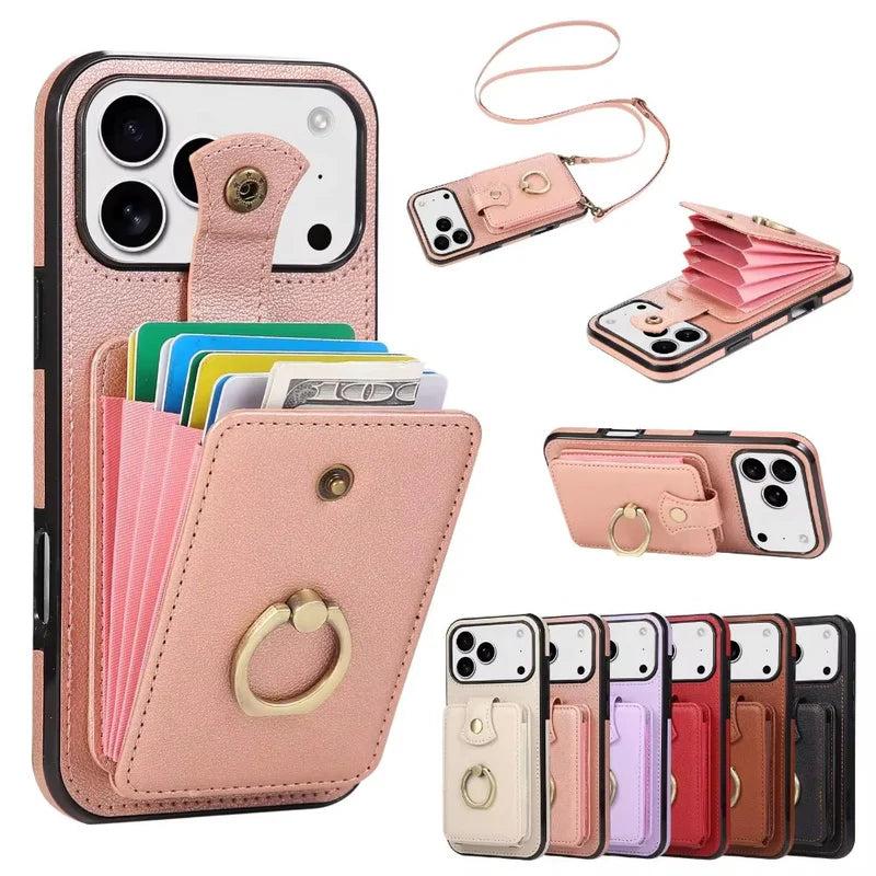 Premium iPhone Case Wallet Cover Card Holder 360 Rotating Ring Kickstand RFID Blocking PU Leather Full Protection