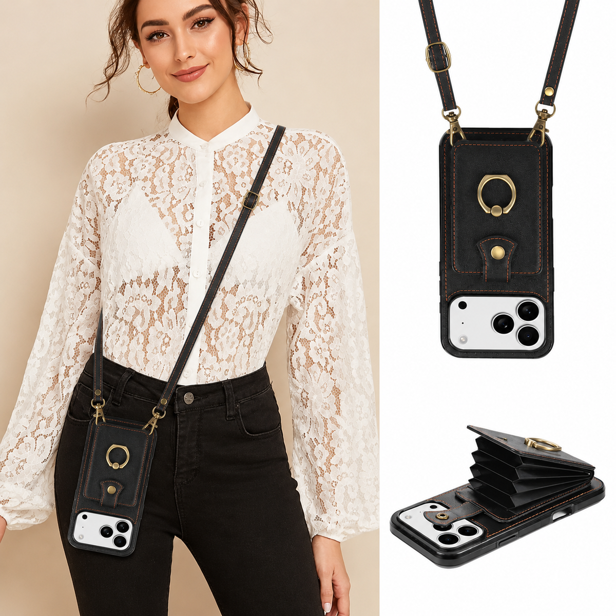 Premium iPhone Case Wallet Cover Card Holder 360 Rotating Ring Kickstand RFID Blocking PU Leather Full Protection