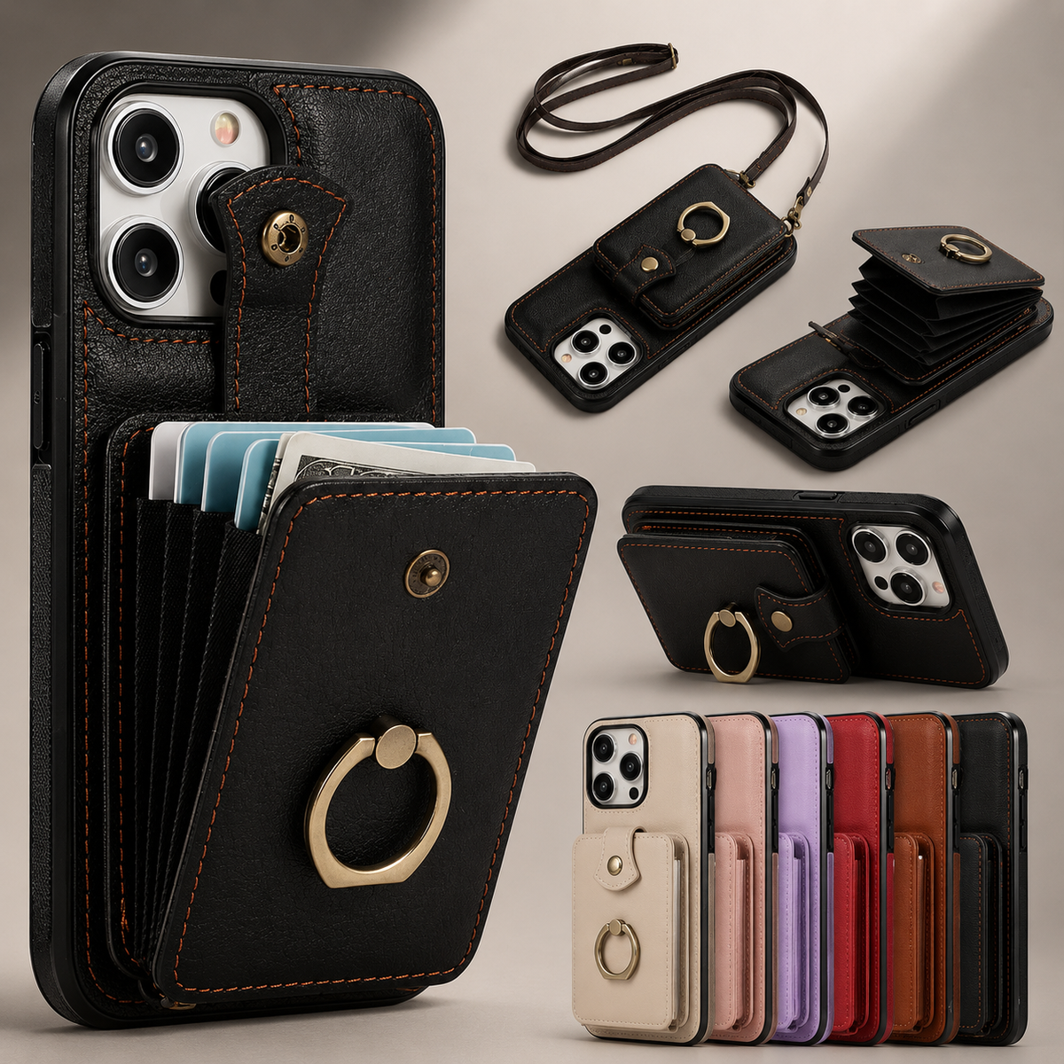 Premium iPhone Case Wallet Cover Card Holder 360 Rotating Ring Kickstand RFID Blocking PU Leather Full Protection