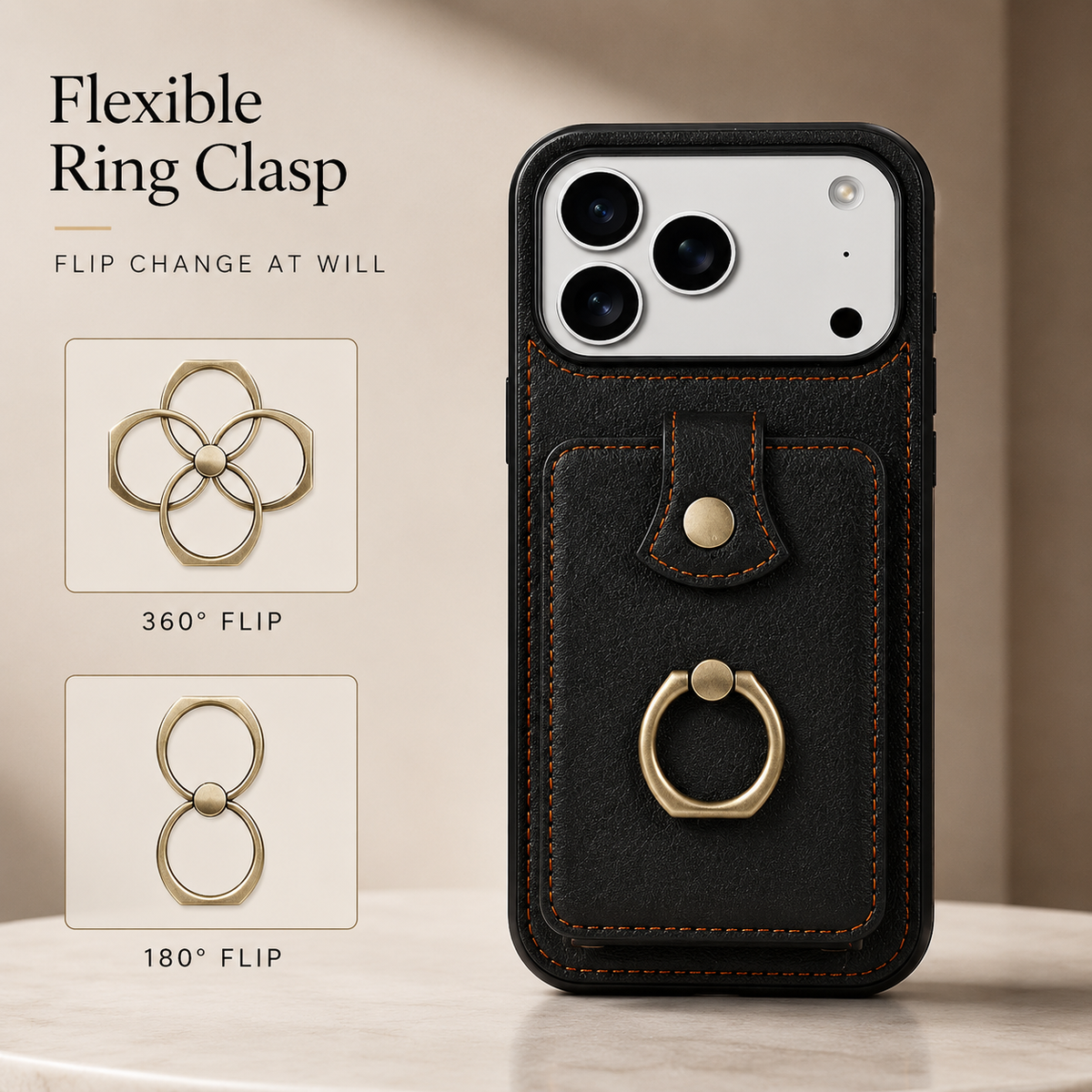Premium iPhone Case Wallet Cover Card Holder 360 Rotating Ring Kickstand RFID Blocking PU Leather Full Protection
