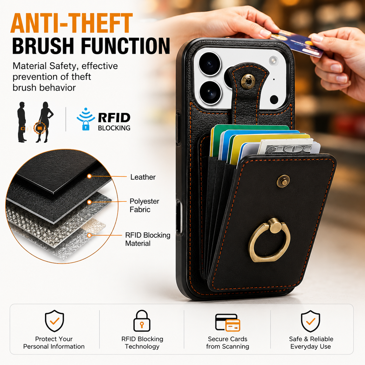 Premium iPhone Case Wallet Cover Card Holder 360 Rotating Ring Kickstand RFID Blocking PU Leather Full Protection