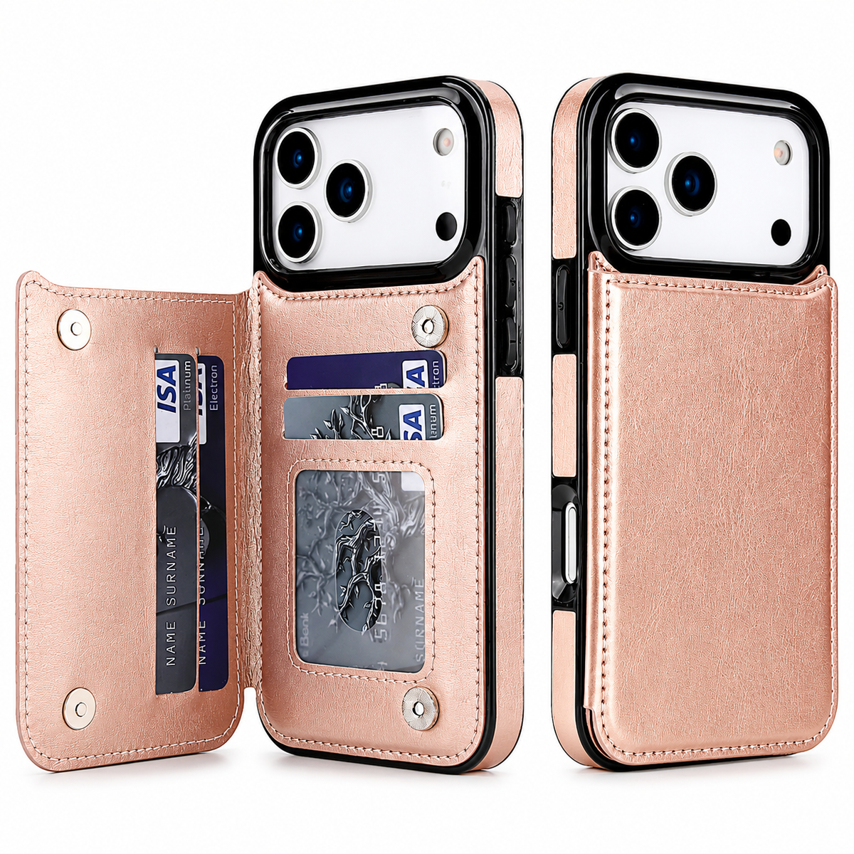 Premium iPhone Case Wallet Cover Card Holder Faux Leather Kickstand Double Magnetic Clasp Shockproof Protection