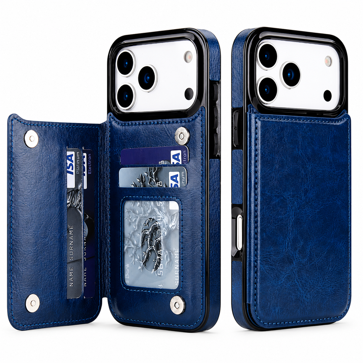 Premium iPhone Case Wallet Cover Card Holder Faux Leather Kickstand Double Magnetic Clasp Shockproof Protection