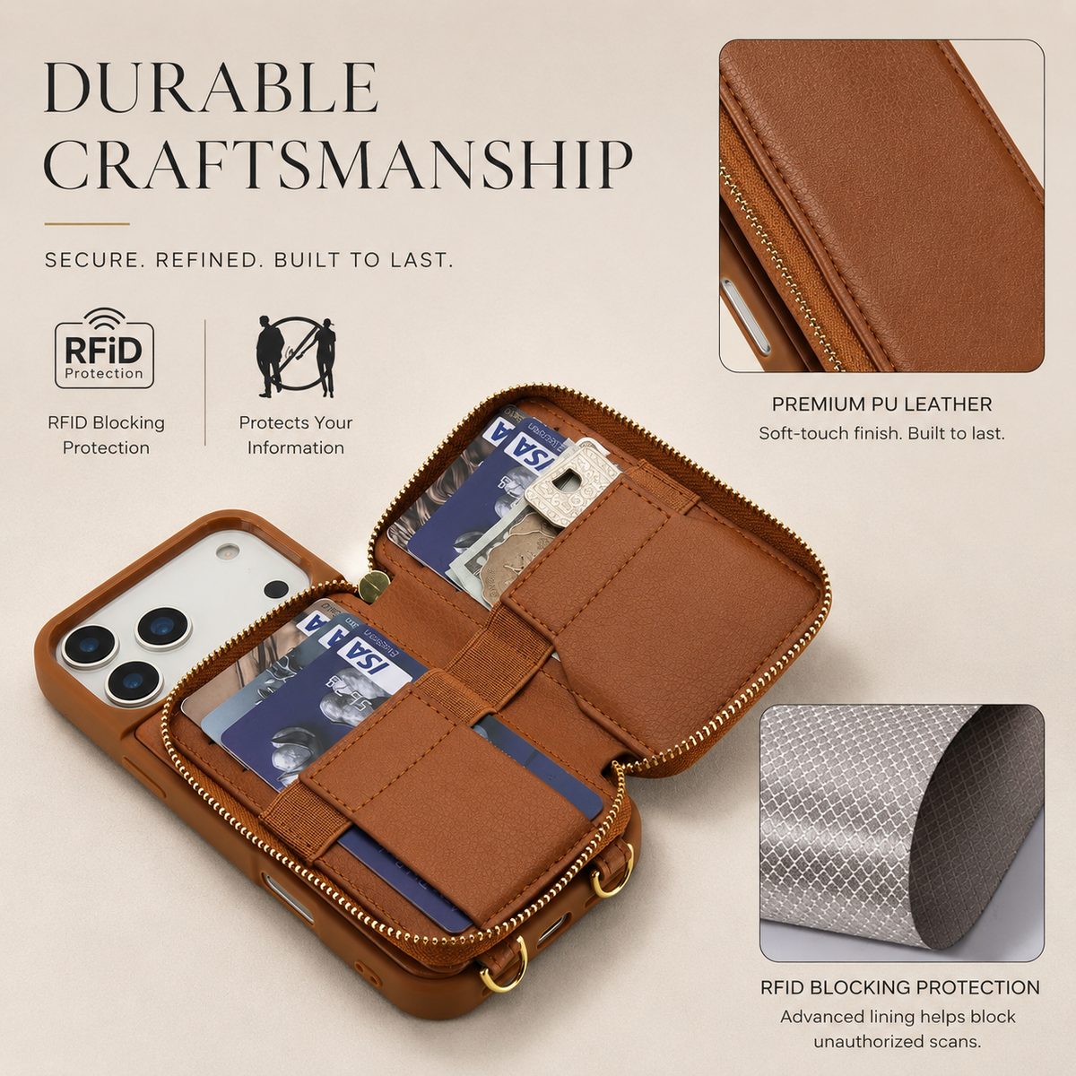 Premium iPhone Case Wallet MagSafe Compatible Crossbody Leather Flip Cover RFID Zipper Protection