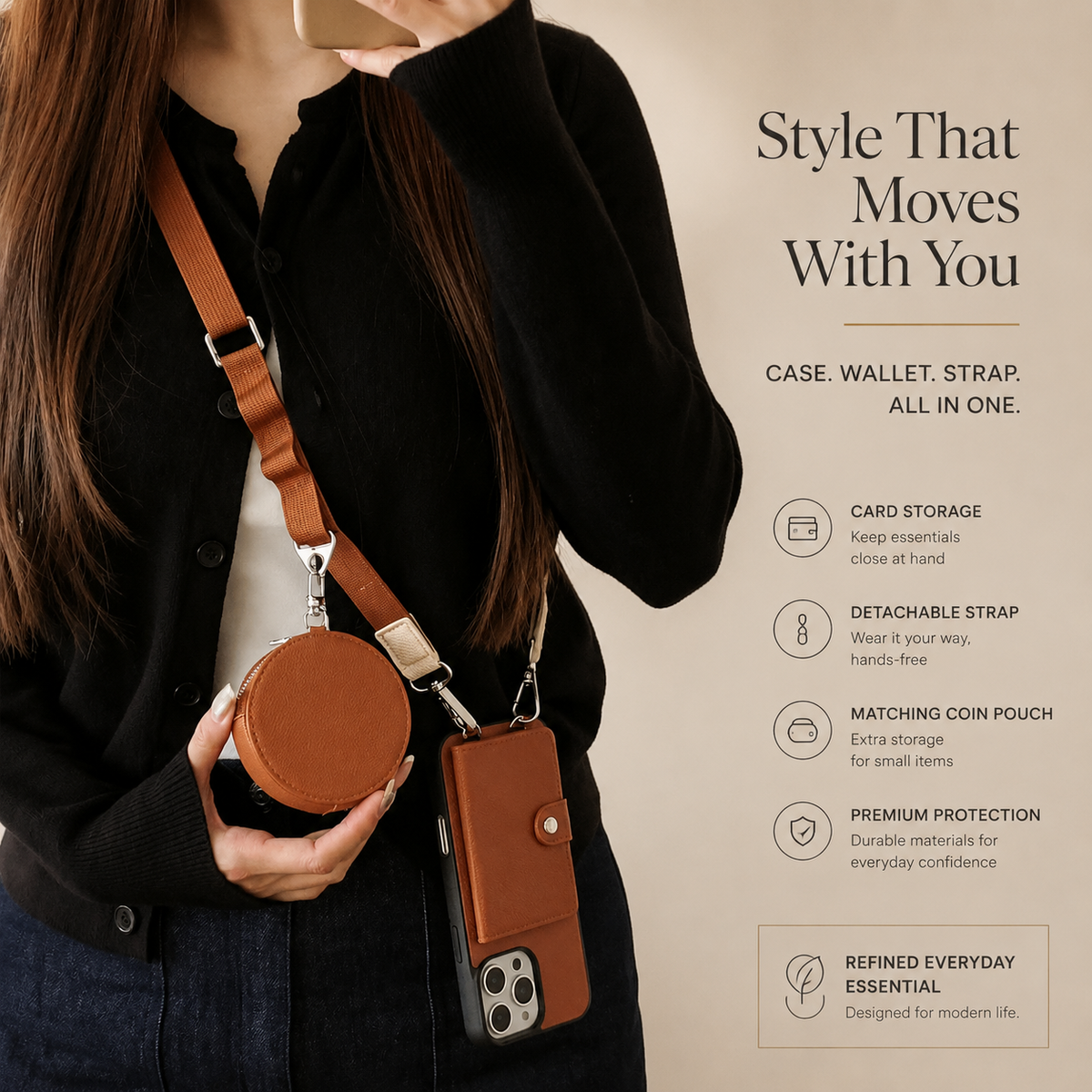 Premium iPhone Case Wallet MagSafe Compatible Crossbody PU Leather Cover Card Slots Zipper Coin Purse Shockproof Protection