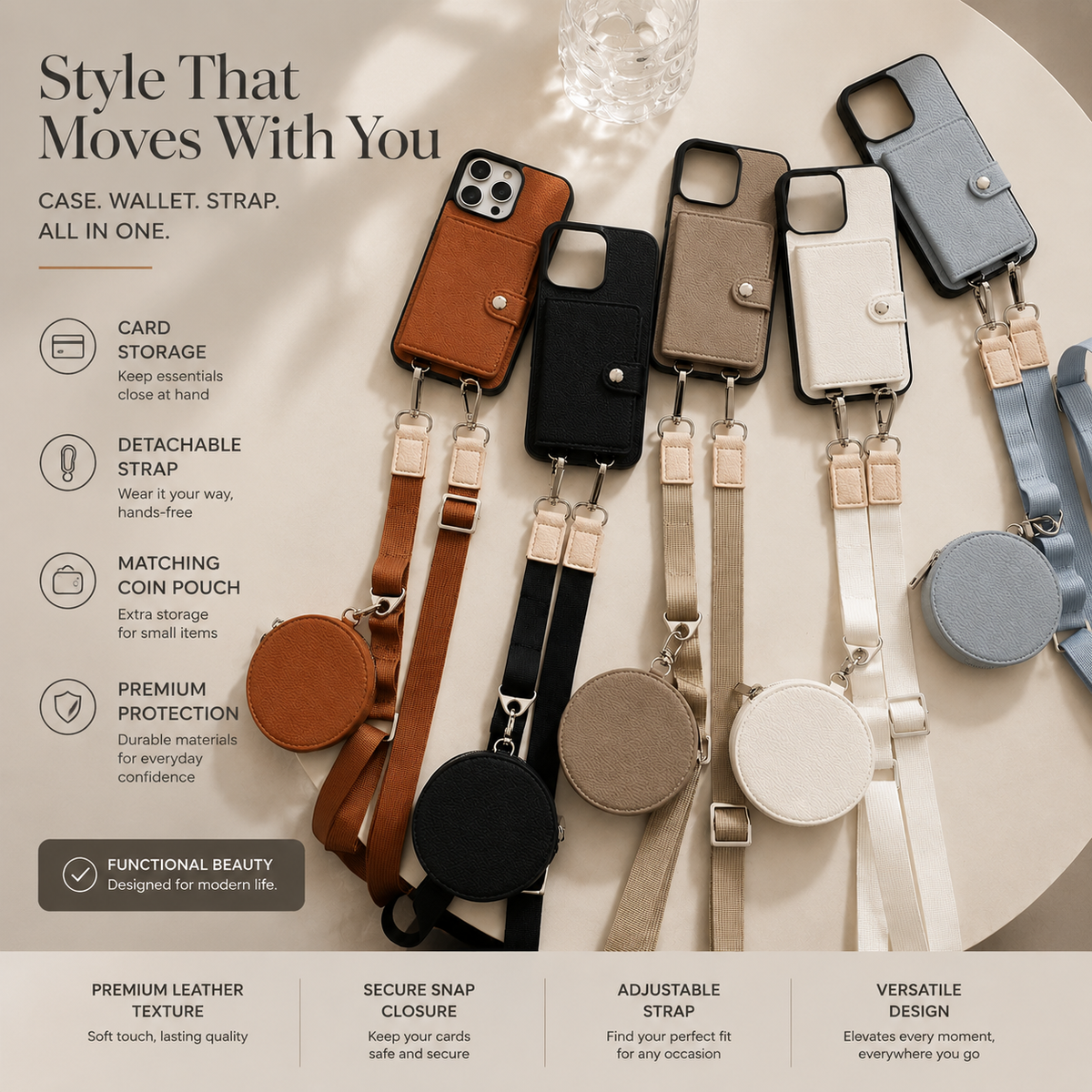 Premium iPhone Case Wallet MagSafe Compatible Crossbody PU Leather Cover Card Slots Zipper Coin Purse Shockproof Protection