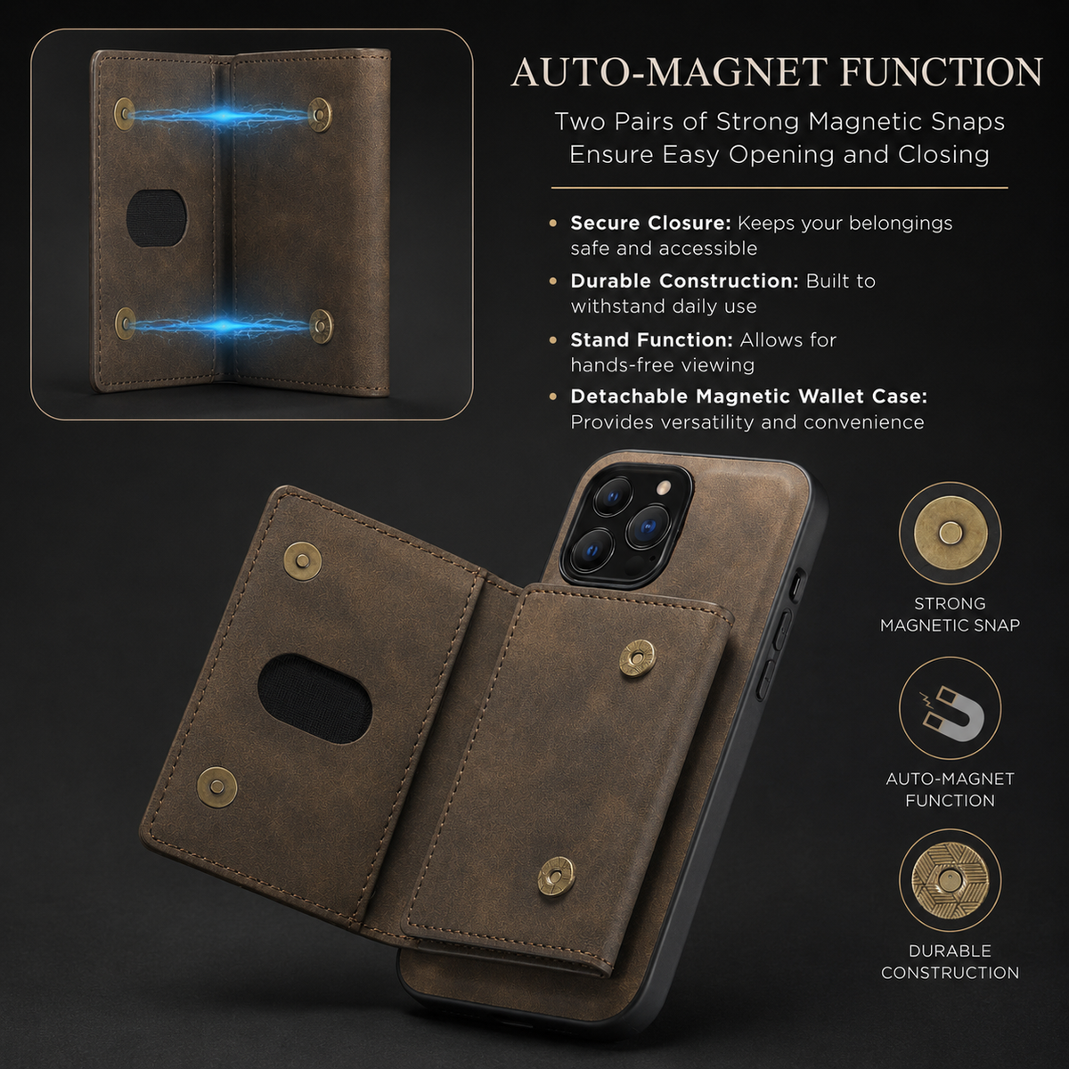 Premium iPhone Case Wallet MagSafe Compatible Detachable Leather Flip Cover Card Holder Protection