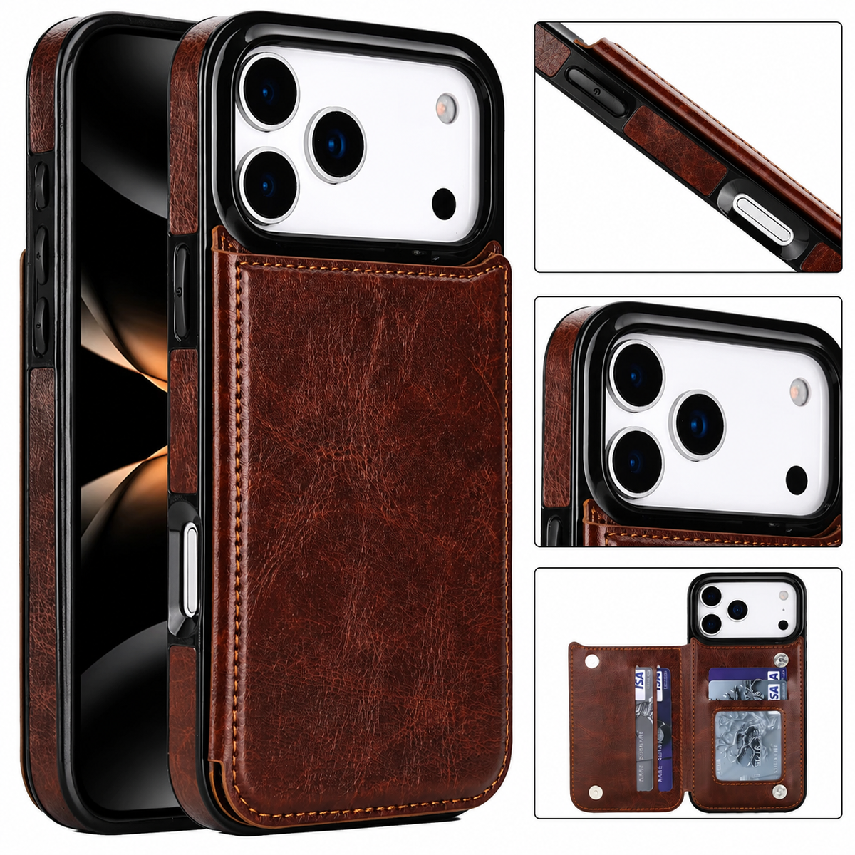 Premium iPhone Case Wallet MagSafe Compatible Faux Leather Cover Card Holder Kickstand Protection