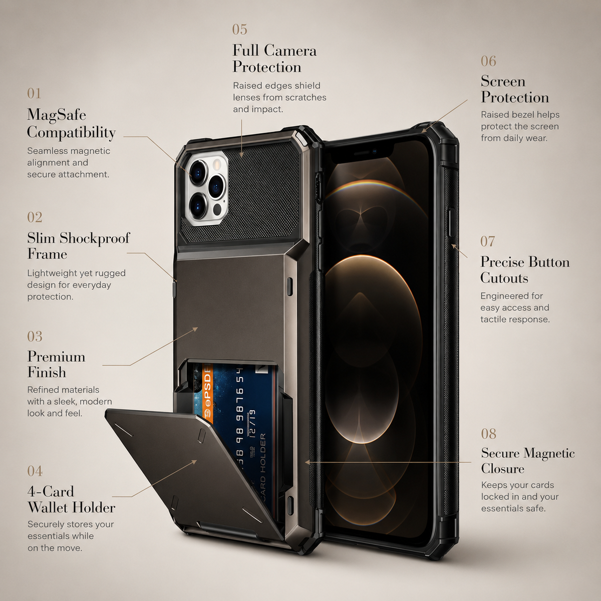 Premium iPhone Case Wallet MagSafe Compatible Magnetic Shockproof Protective Cover 4 Card Holder Camera Lens Protection Slim Design