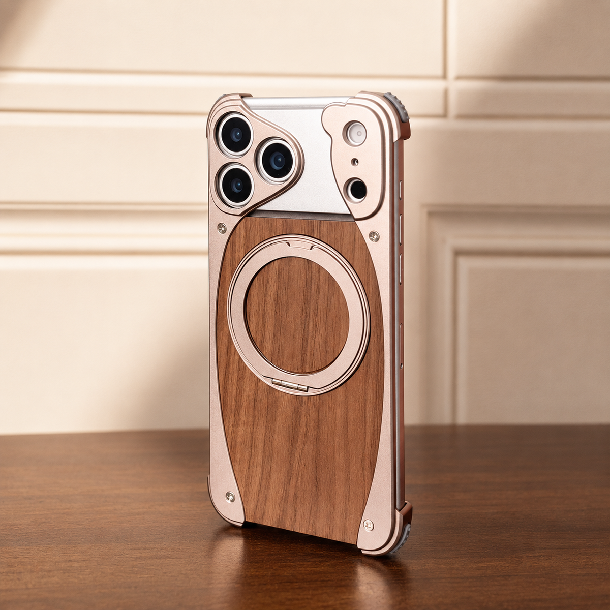 Premium iPhone Case Walnut Wood Metal Frame Cover MagSafe Compatible Rotating Ring Stand Shockproof Luxury Protective Case
