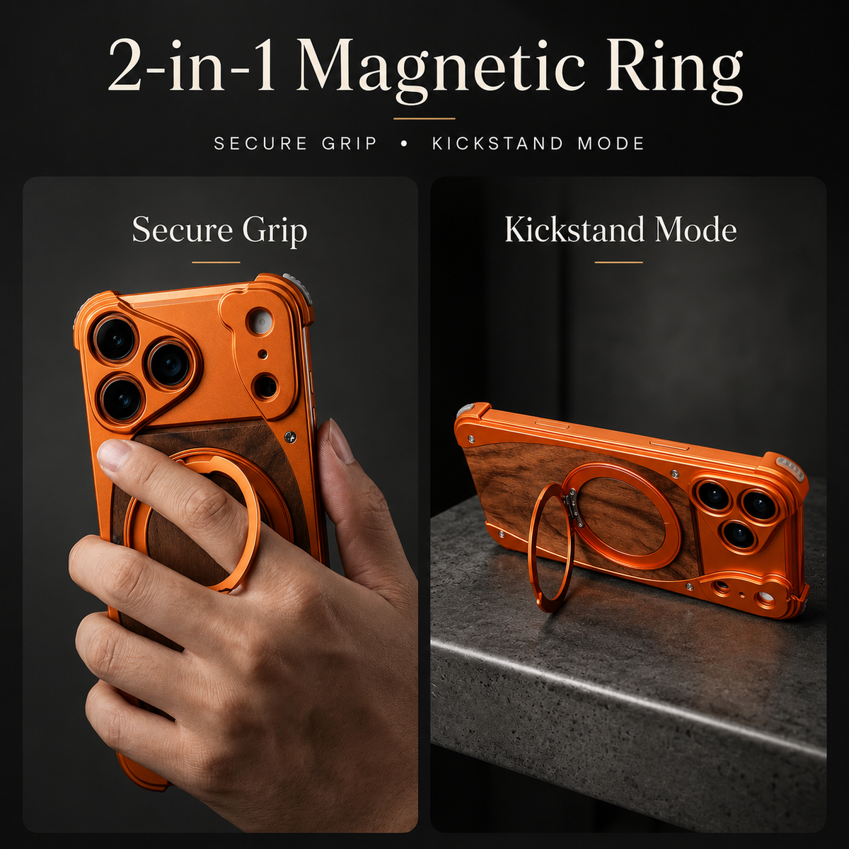 Premium iPhone Case Walnut Wood Metal Frame Cover MagSafe Compatible Rotating Ring Stand Shockproof Luxury Protective Case