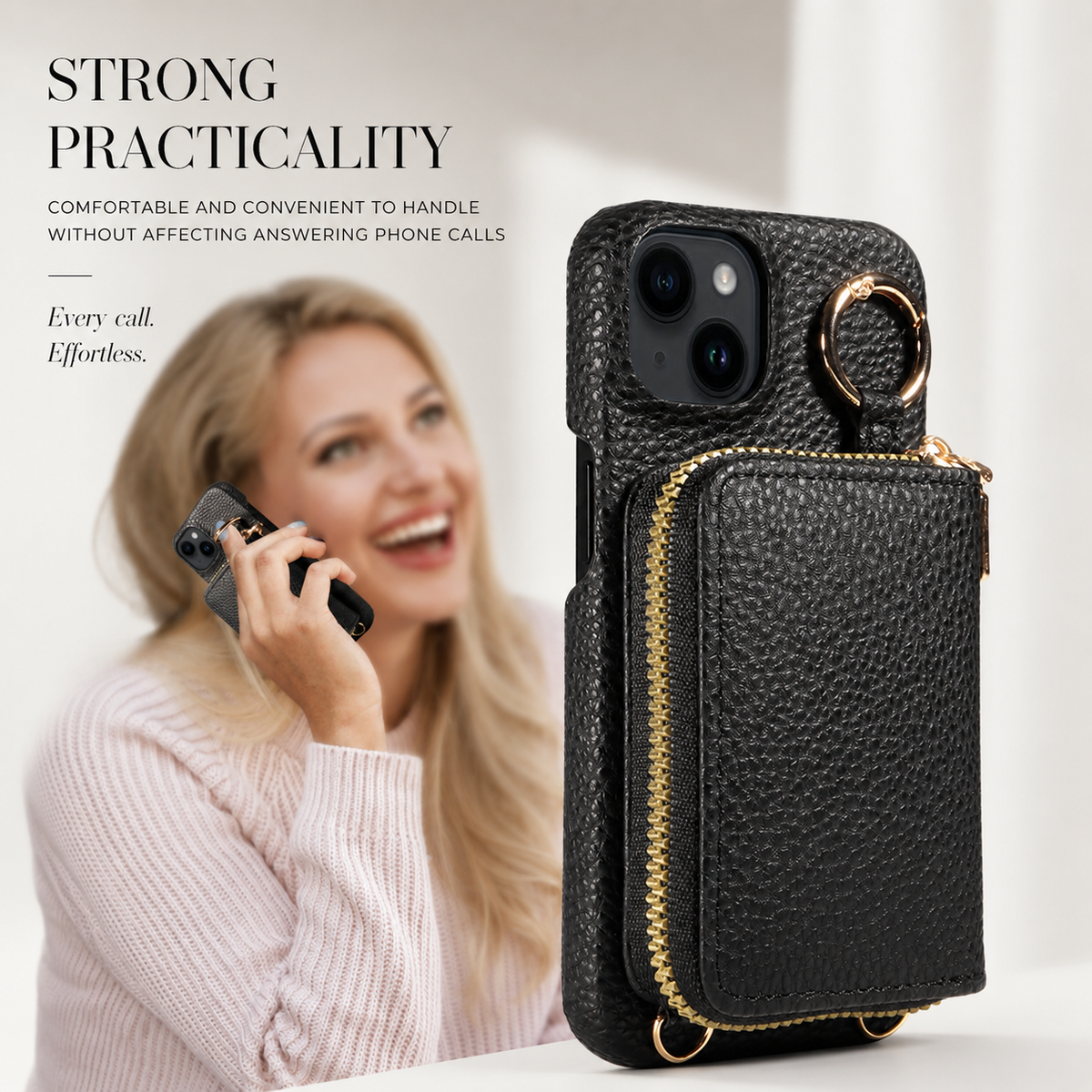 Premium iPhone Case Zipper Wallet Crossbody Cover PU Leather Card Holder Lanyard Full Protection