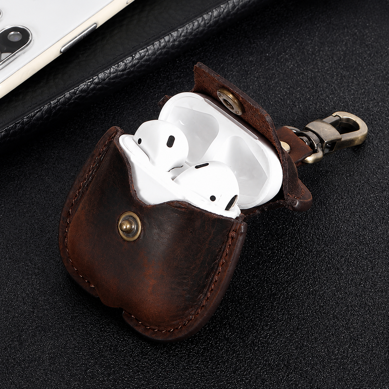Premium AirPods Case Genuine Leather Protective Cover Shockproof Slim Design Keychain Clip Wireless Charging Compatible