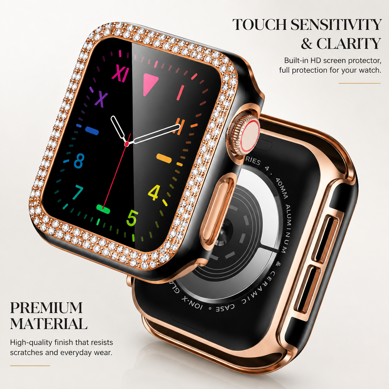 Premium Apple Watch Case Rhinestone Glass Screen Protector Shockproof Protective Cover Luxury Bling Full Coverage Design