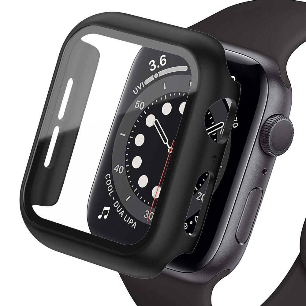 Premium Apple Watch Case Tempered Glass Screen Protector PC Bumper Shockproof Protective Cover Transparent Full Coverage Design