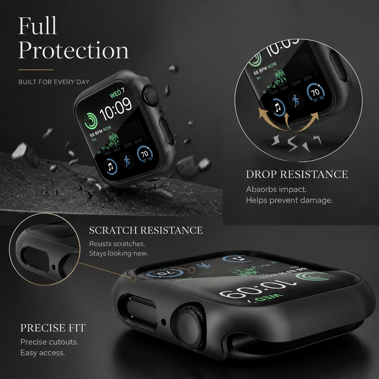 Premium Apple Watch Case Tempered Glass Screen Protector PC Bumper Shockproof Protective Cover Transparent Full Coverage Design