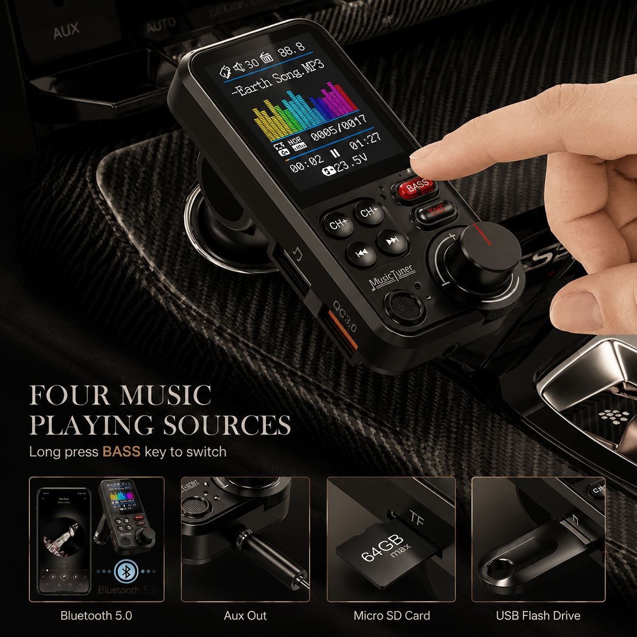 Premium Car Bluetooth FM Transmitter QC 3 0 Fast Charging USB Charger Hands Free Calling Audio Adapter Music Player