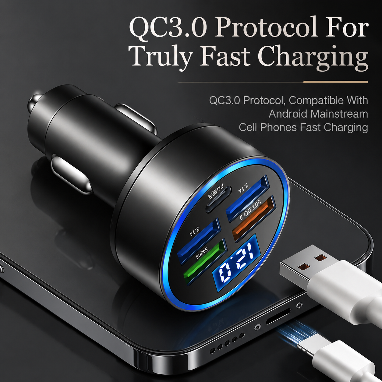 Premium Car Charger USB C Multi Port Fast Charging Adapter 12V Socket Smartphone High Speed Charging Compatible