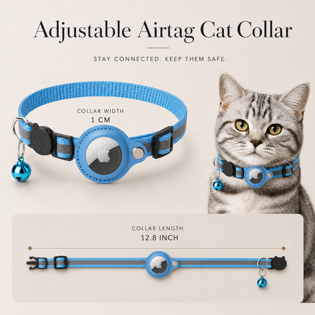 Premium Cat Collar AirTag Holder Reflective Adjustable Pet Collar Detachable Bell Lightweight Secure Fit Design