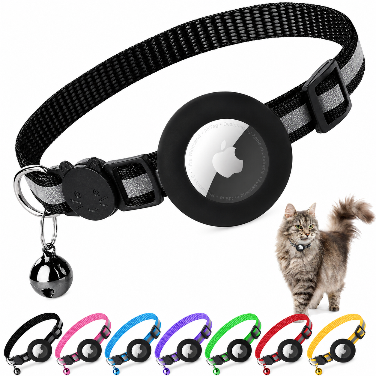 Premium Cat Collar AirTag Holder Reflective Adjustable Pet Collar Detachable Bell Lightweight Secure Fit Design