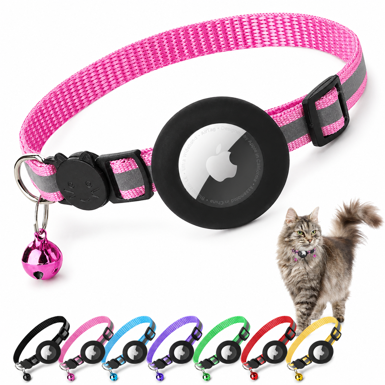 Premium Cat Collar AirTag Holder Reflective Adjustable Pet Collar Detachable Bell Lightweight Secure Fit Design