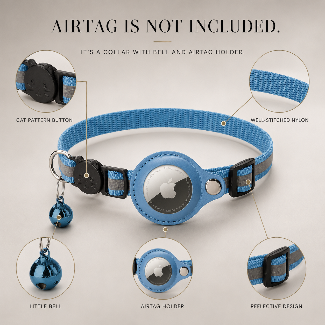 Premium Cat Collar AirTag Holder Reflective Adjustable Pet Collar Detachable Bell Lightweight Secure Fit Design