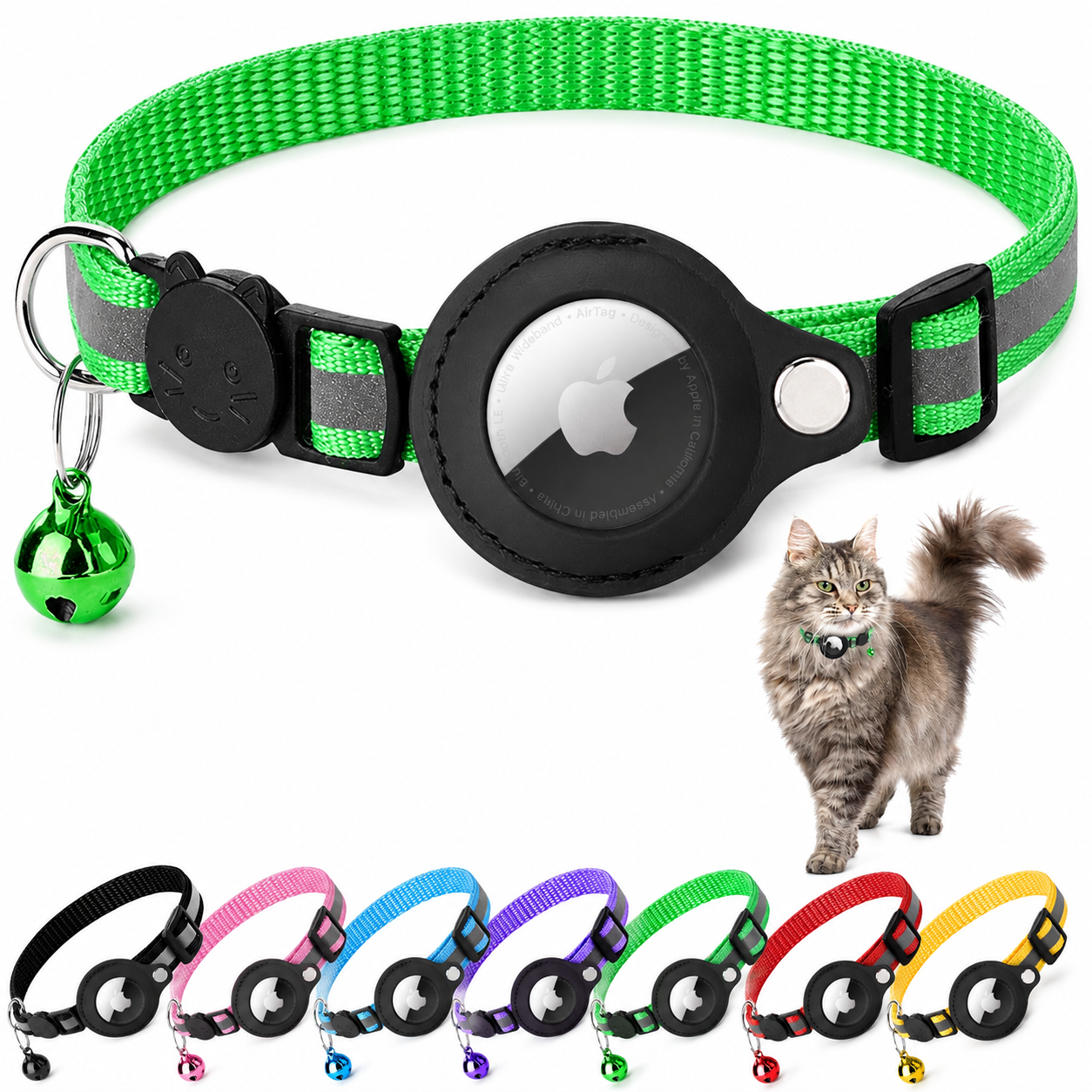 Premium Cat Collar AirTag Holder Reflective Adjustable Pet Collar Detachable Bell Lightweight Secure Fit Design