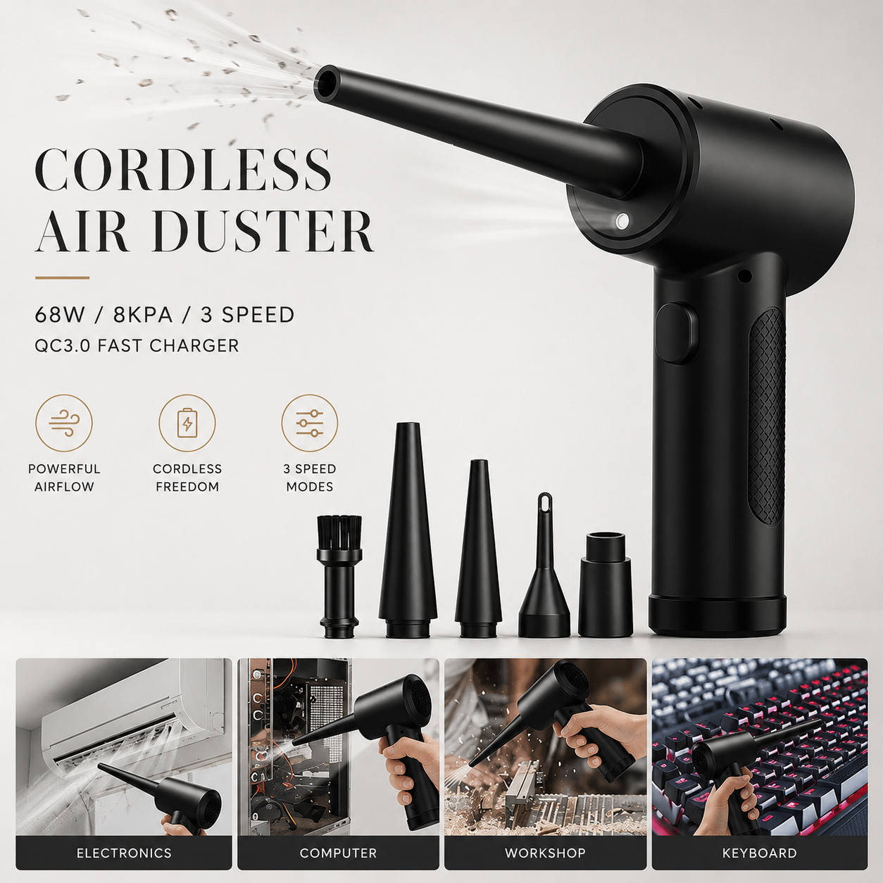 Premium Electric Air Duster Cordless Compressed Air Blower Keyboard Cleaner LED Light Reusable Cleaning Tool Portable Dust Remover
