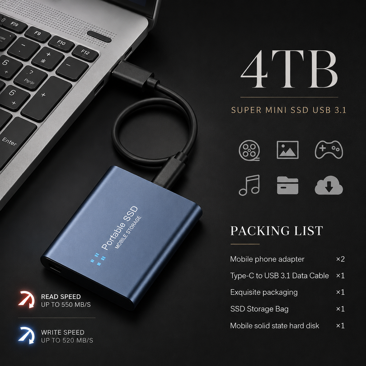 Premium External SSD Portable USB 3.1 High Speed Storage Drive Compact Data Backup Multi Capacity Solution
