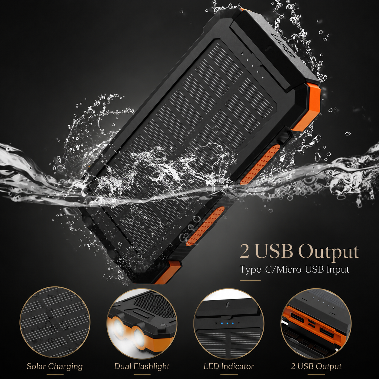 Premium Power Bank 20000mAh Solar Charger Fast Charging Portable Battery Pack LED Flashlight Travel Charger