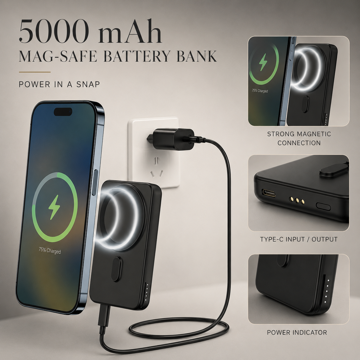 Premium Power Bank MagSafe Compatible 3 In 1 Wireless Charger Portable Magnetic Battery Smartphone Watch Earbuds Charging Station