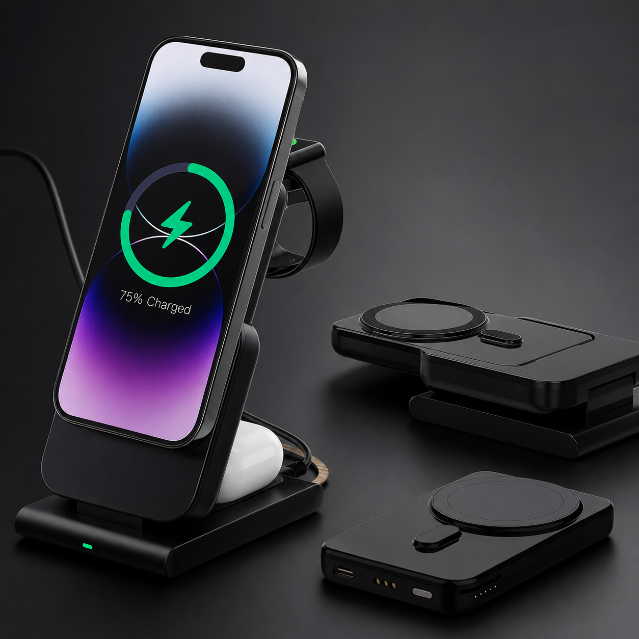 Premium Power Bank MagSafe Compatible 3 In 1 Wireless Charger Portable Magnetic Battery Smartphone Watch Earbuds Charging Station