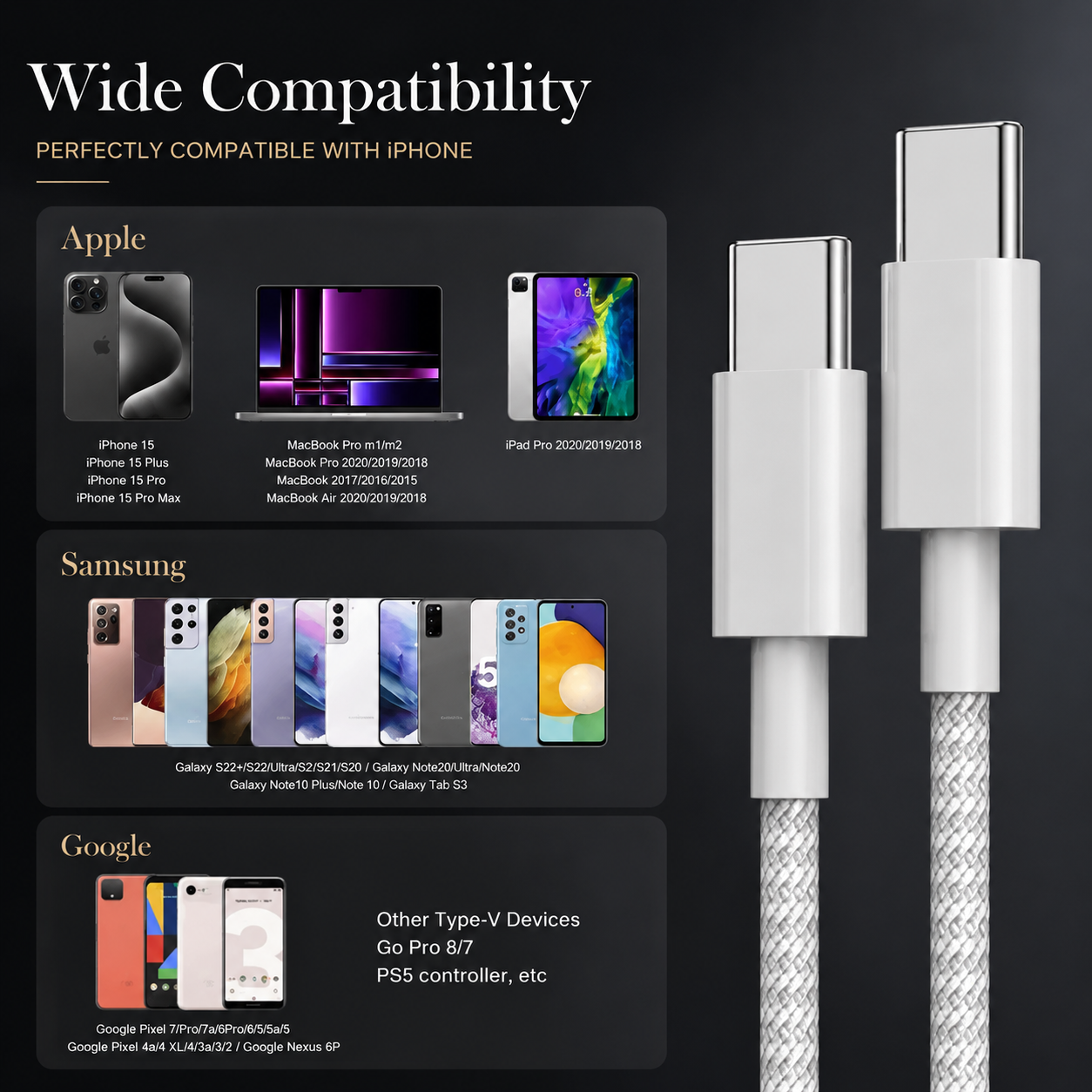 Premium USB-C to USB-C Charging Cable 100W Fast Charging Power Delivery High Speed Stable Power Transfer Durable Design