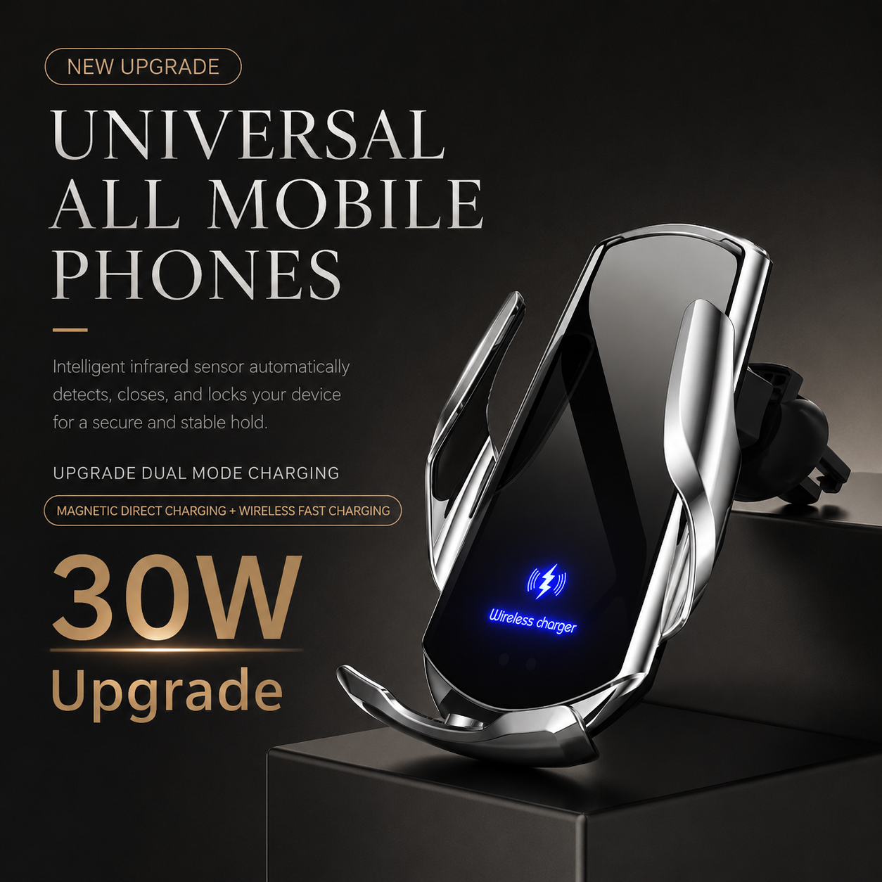 Premium Wireless Car Charger Fast Charging Magnetic Phone Mount Infrared Auto Clamp USB C LED Display Compatible Dock