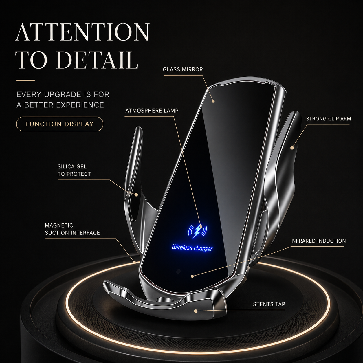Premium Wireless Car Charger Fast Charging Magnetic Phone Mount Infrared Auto Clamp USB C LED Display Compatible Dock
