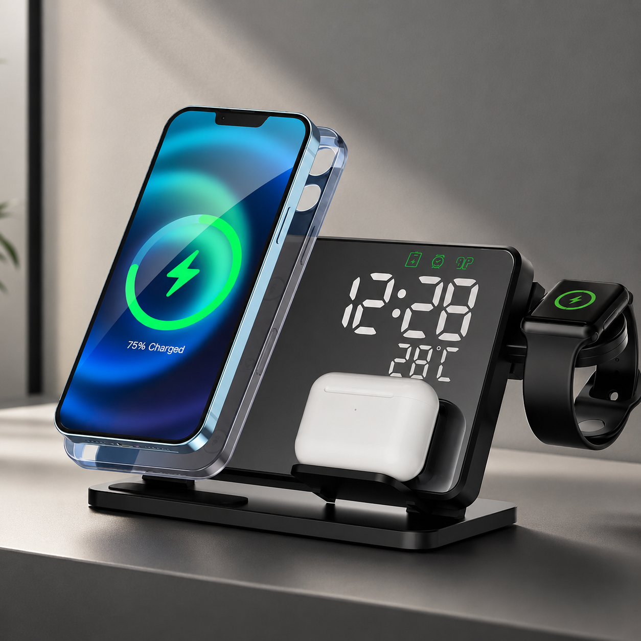 Premium Wireless Charger 3 In 1 Fast Charging Dock Station Clock Display Multi Device Charging Stand Smartphone Watch Earbuds Compatible
