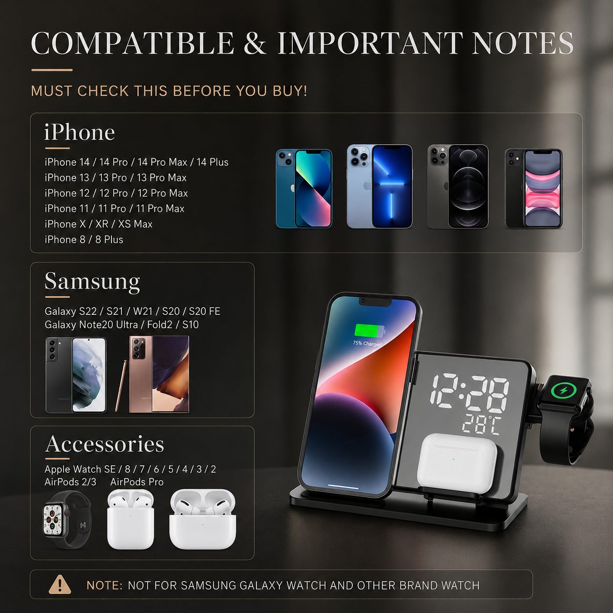 Premium Wireless Charger 3 In 1 Fast Charging Dock Station Clock Display Multi Device Charging Stand Smartphone Watch Earbuds Compatible