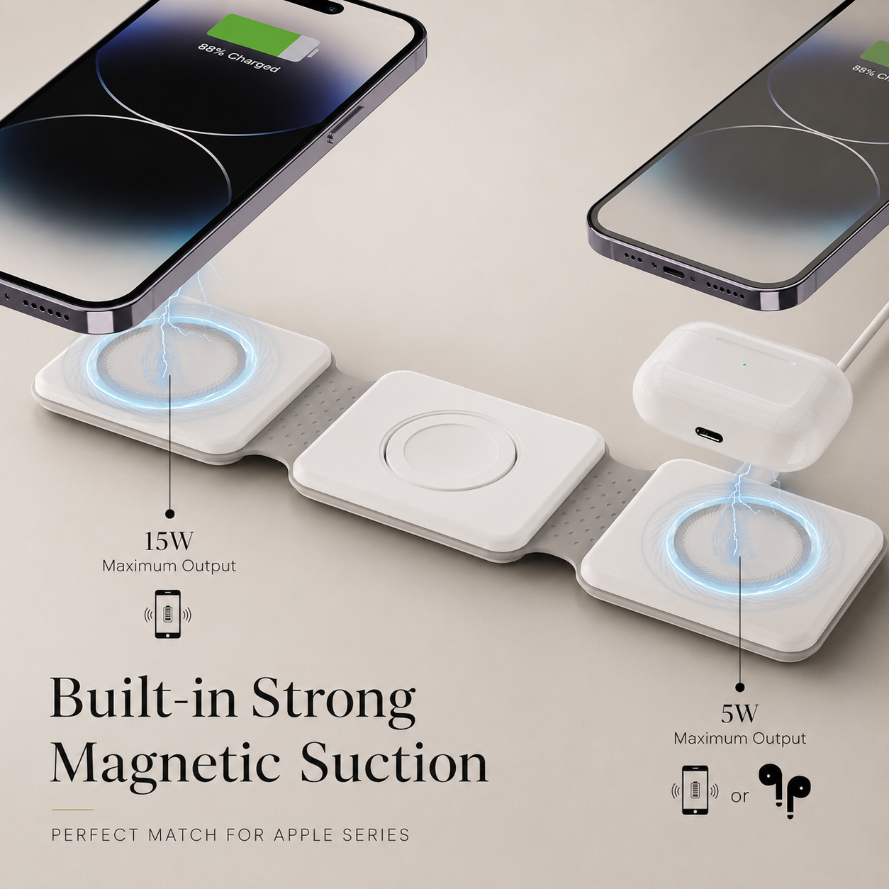 Premium Wireless Charger 3 In 1 Foldable MagSafe Compatible Fast Charging Aluminum Dock Station Magnetic Multi Device Charging Stand